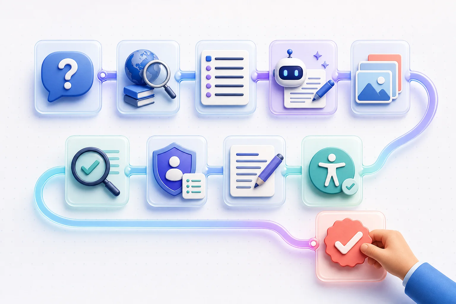 Ten-stage AI-assisted content process ending with human fact-checking, policy review, editing, and approval