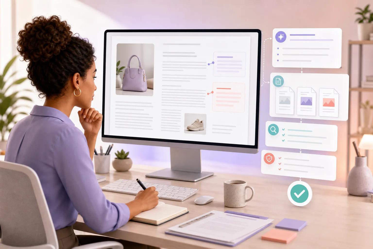 Ecommerce editor reviewing an AI-assisted draft with checks for sources, accuracy, originality, and approval