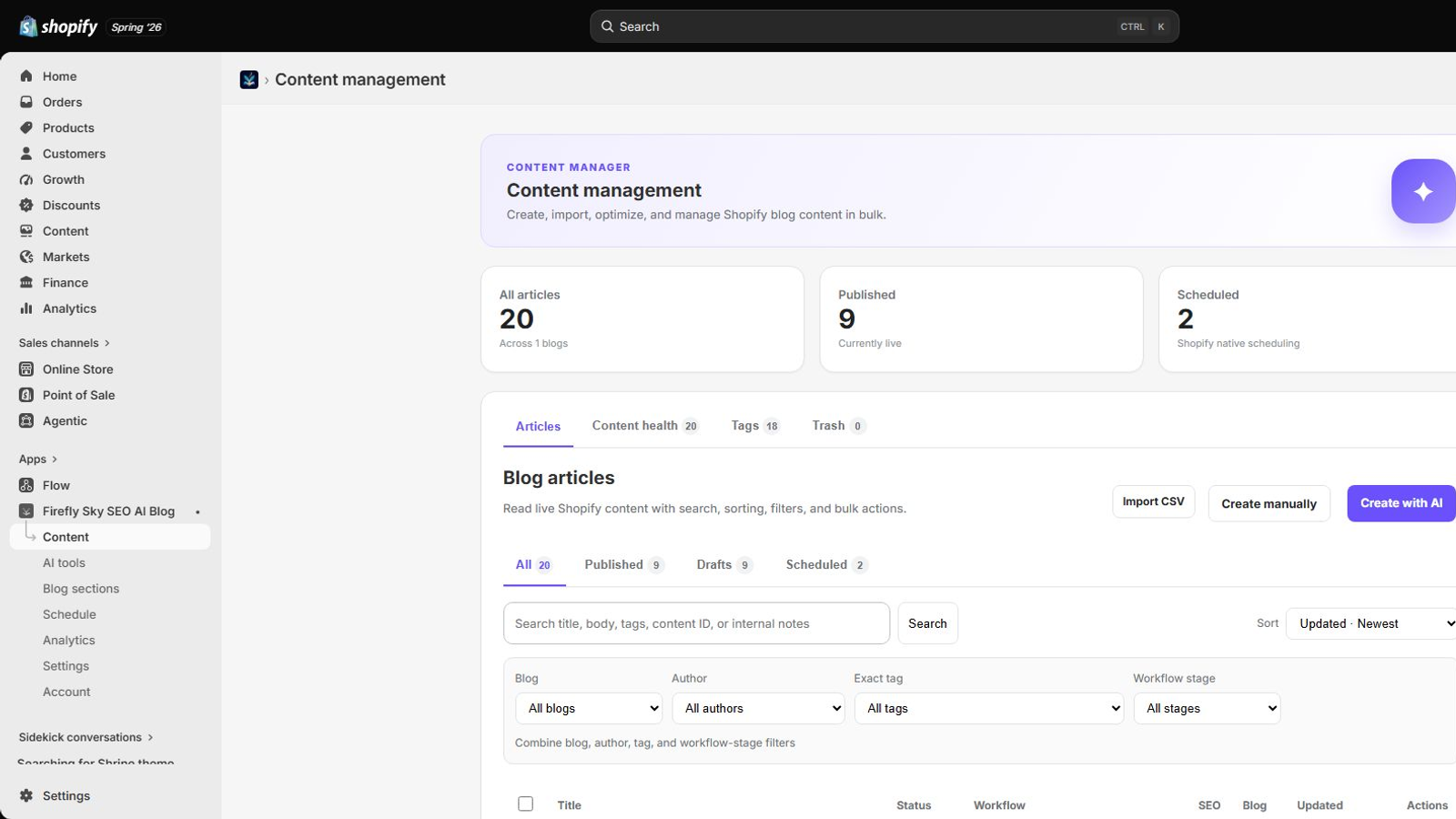 Firefly Sky SEO AI Blog content dashboard