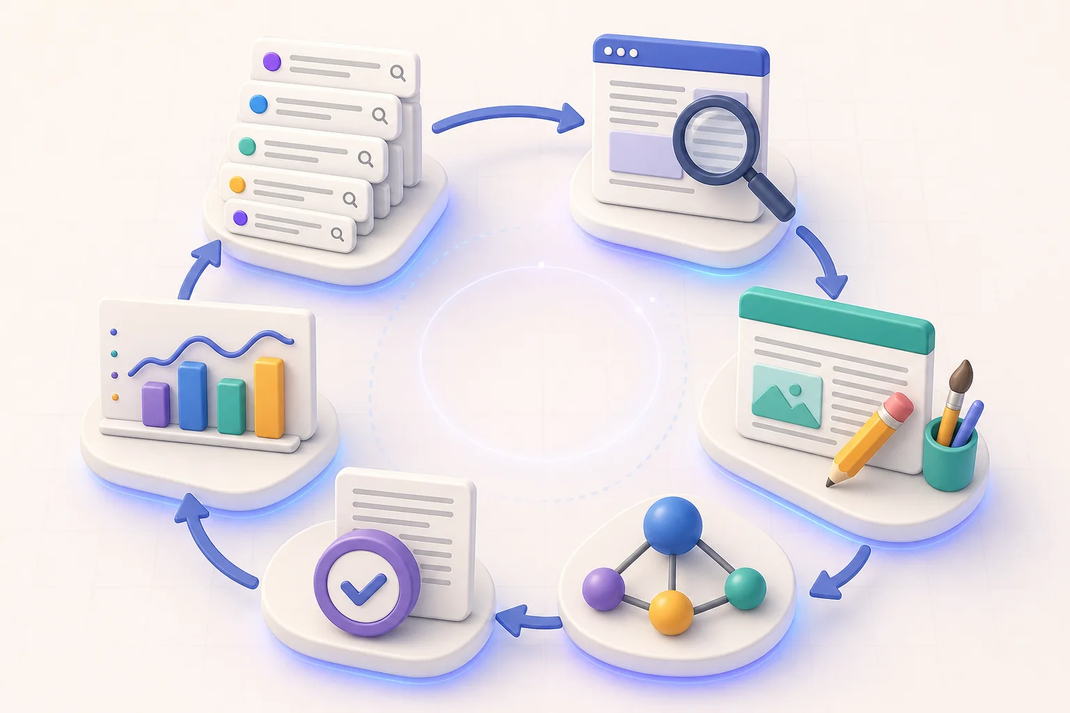 Conceptual loop from search query evidence to page review, useful updates, and measurement