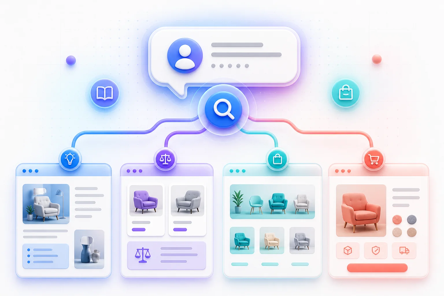 Diagram connecting a customer question to guide, comparison, collection, and product page types
