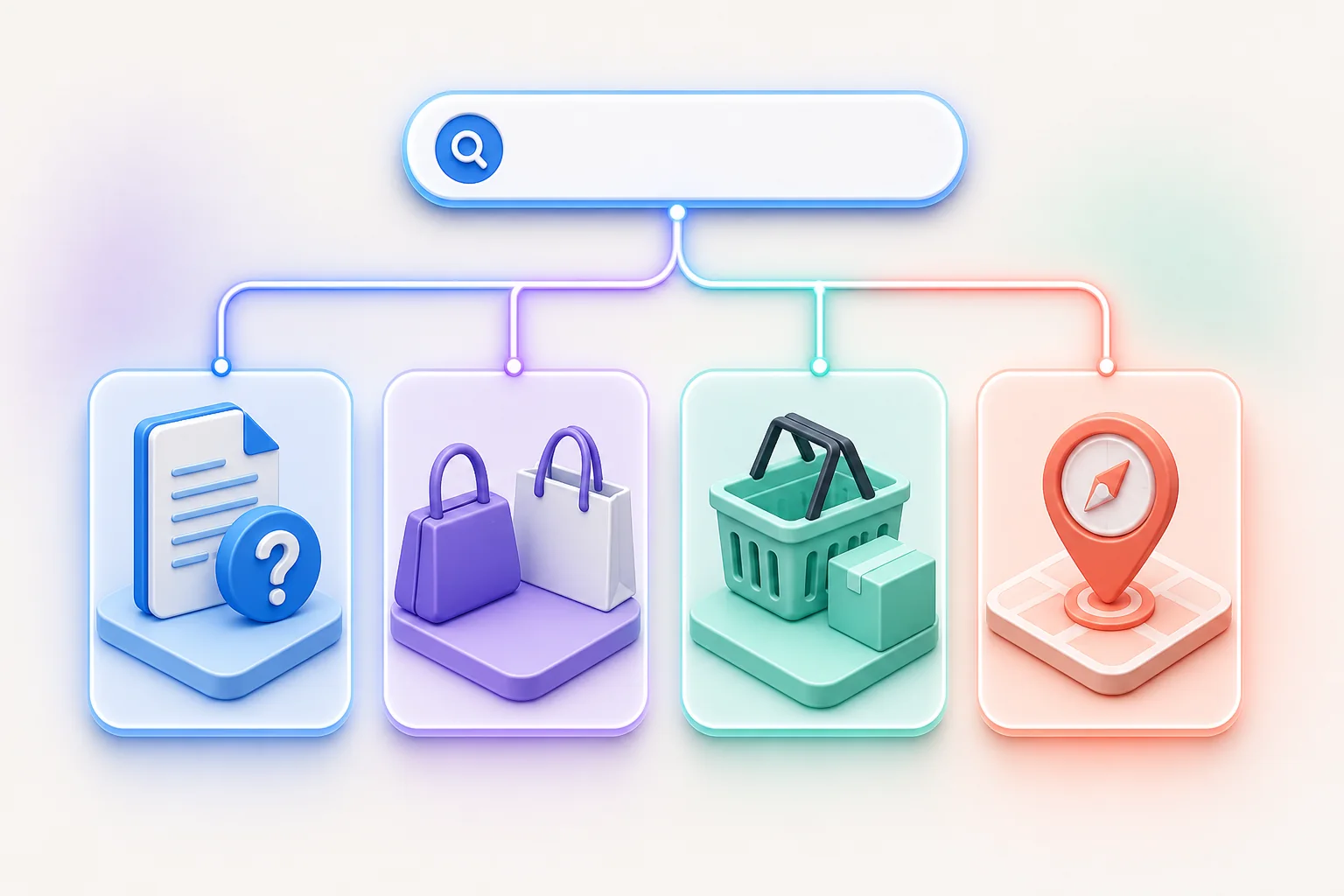 Four search intent types illustrated with informational, comparison, purchase, and destination queries
