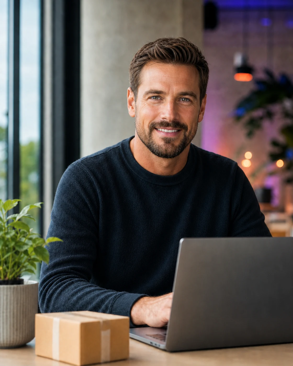 A handsome smiling man with short facial hair working at a bright ecommerce workspace