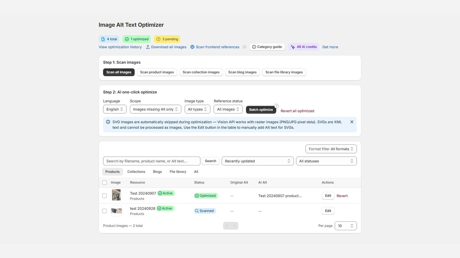 Image alt text and optimization interface