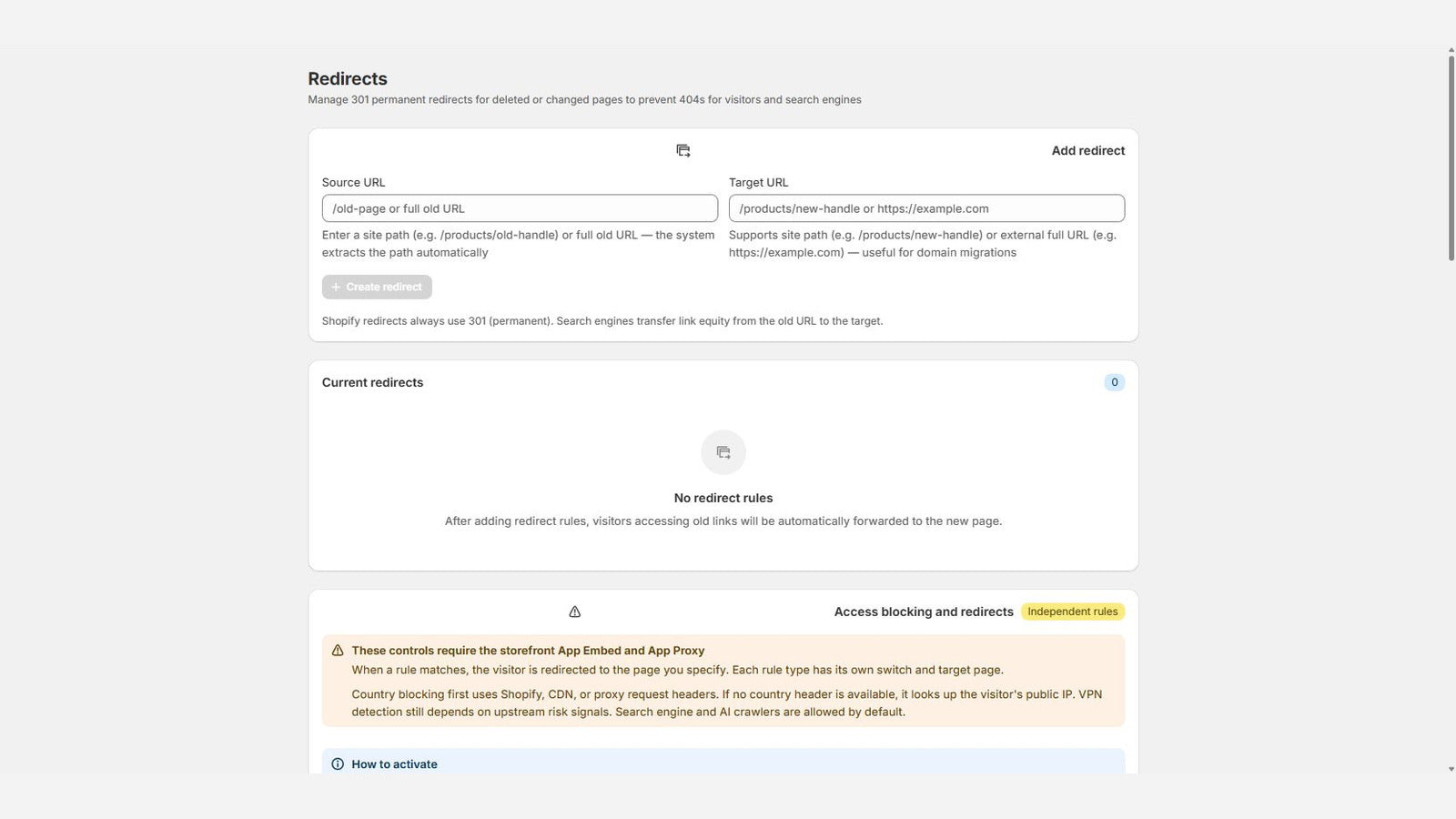 Redirect management interface