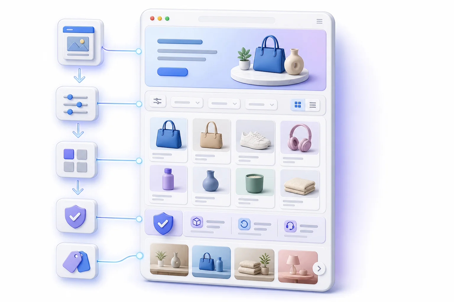 Collection page layout with an introduction, product grid, buying guidance, and links to related collections