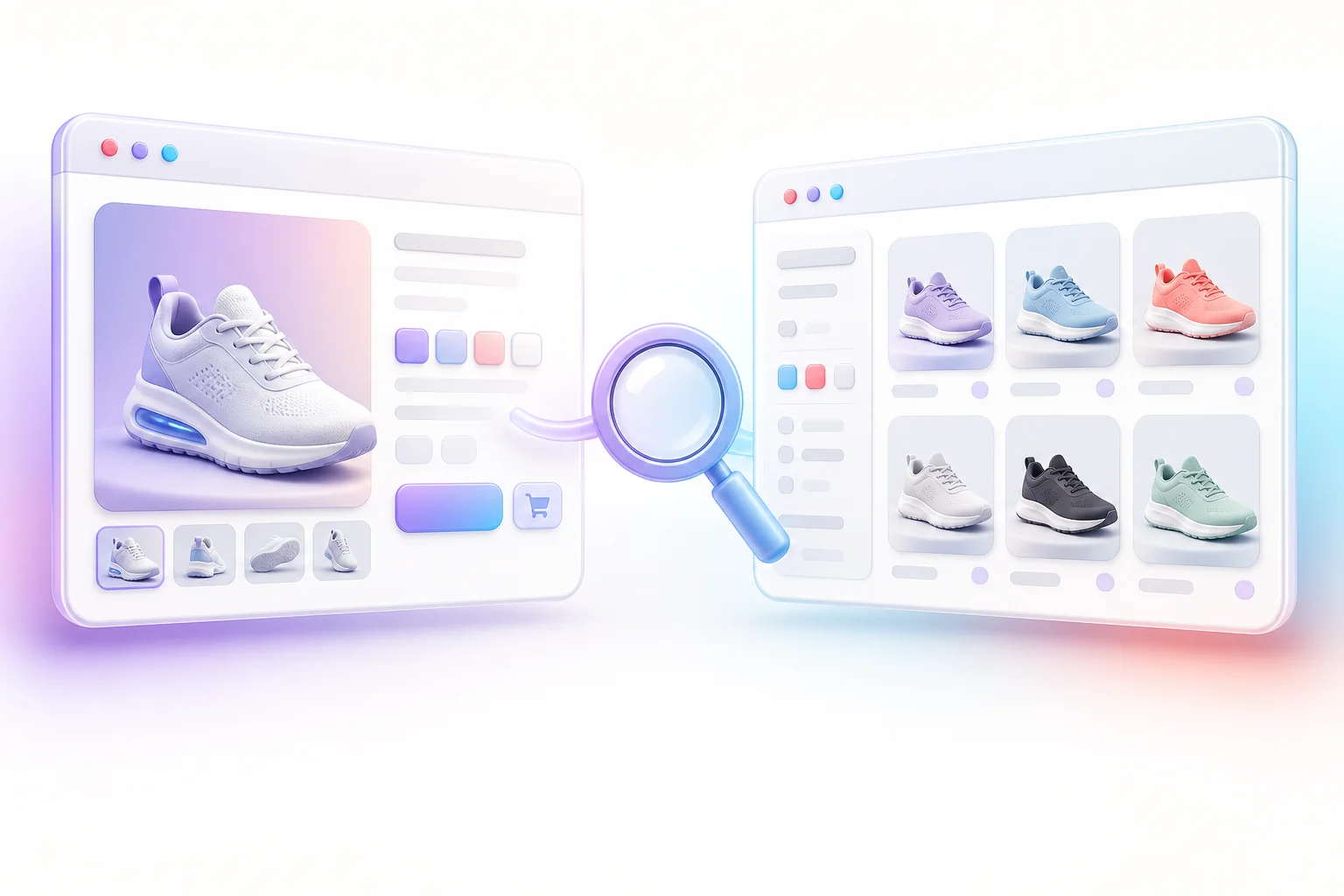 Illustrated comparison of a Shopify product page and collection page with their key SEO content areas
