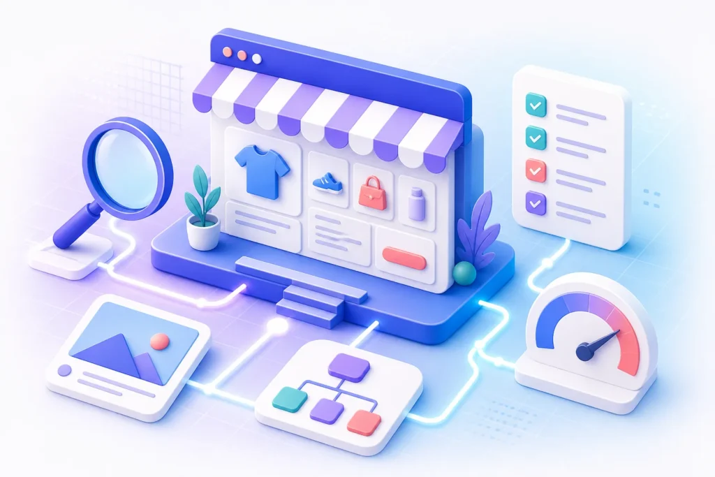 Illustrated Shopify SEO checklist covering crawlability, collections, product pages, images, structured data, and measurement