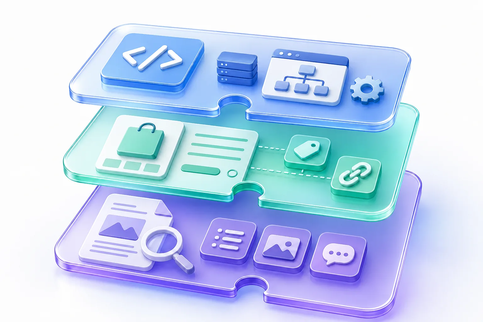 Three illustrated layers for store code, commerce pages, and SEO content