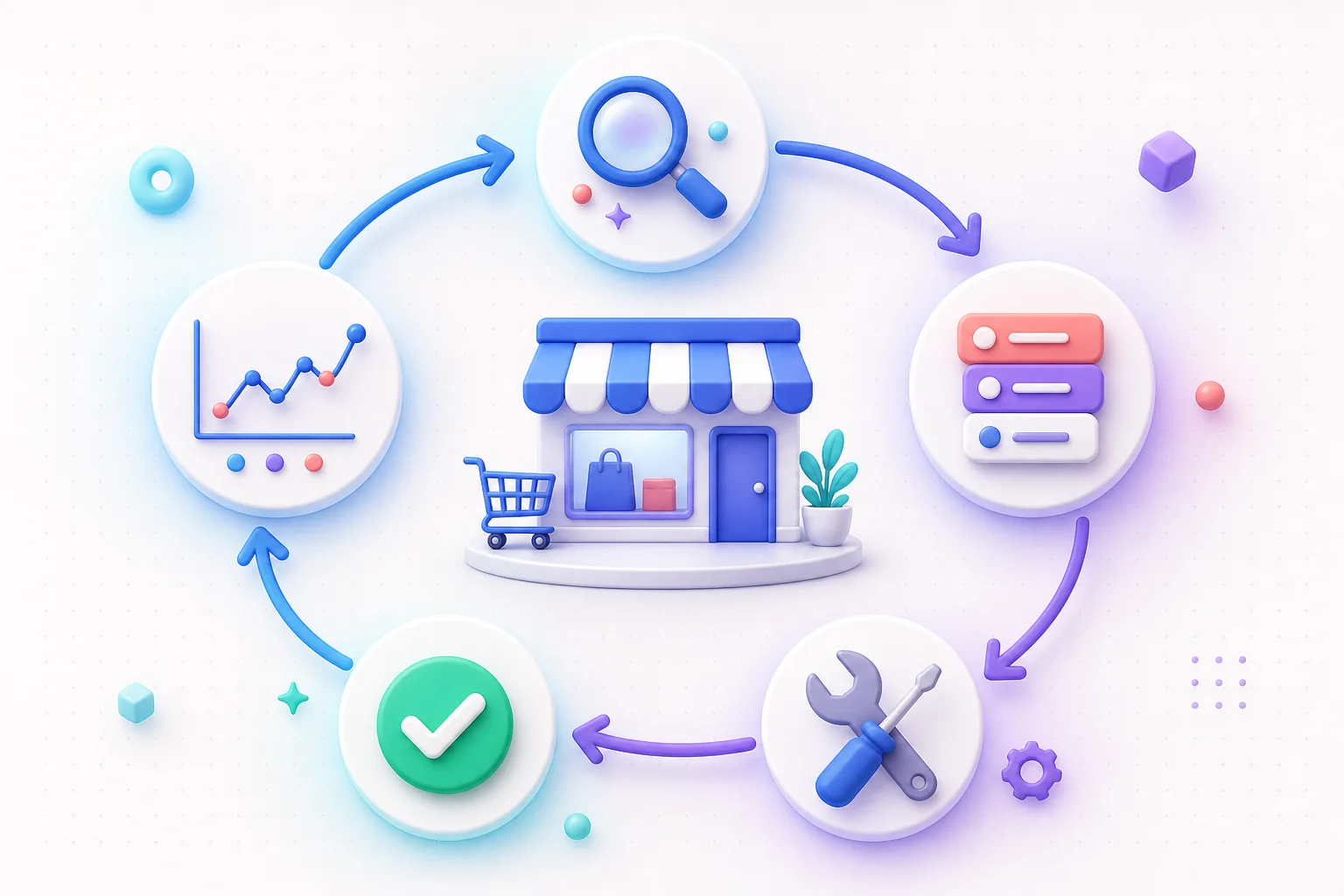 Four-step SEO measurement loop showing inspection, improvement, publishing, and measurement