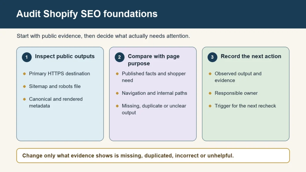 Three-part audit guide for reviewing Shopify SEO outputs and merchant decisions