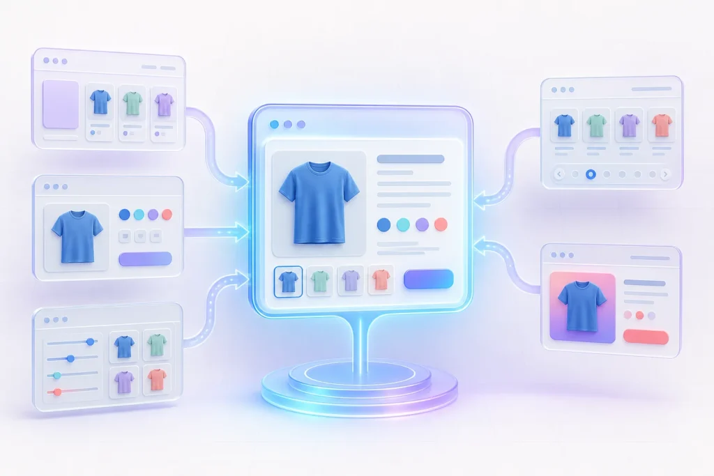 Diagram showing a primary Shopify product URL connected to collection, variant, filter, pagination, and tracking URL patterns