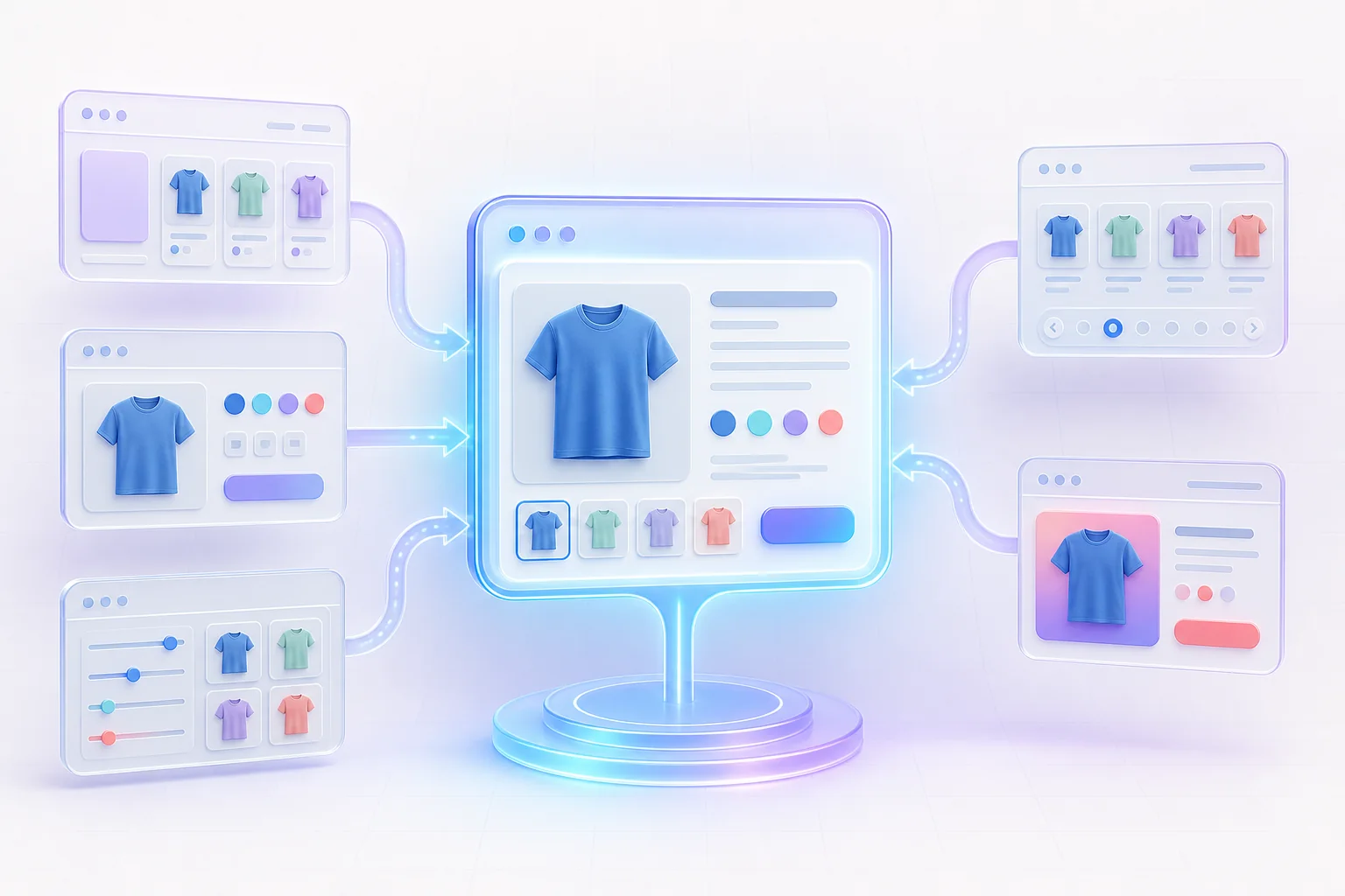 Diagram showing a primary Shopify product URL connected to collection, variant, filter, pagination, and tracking URL patterns