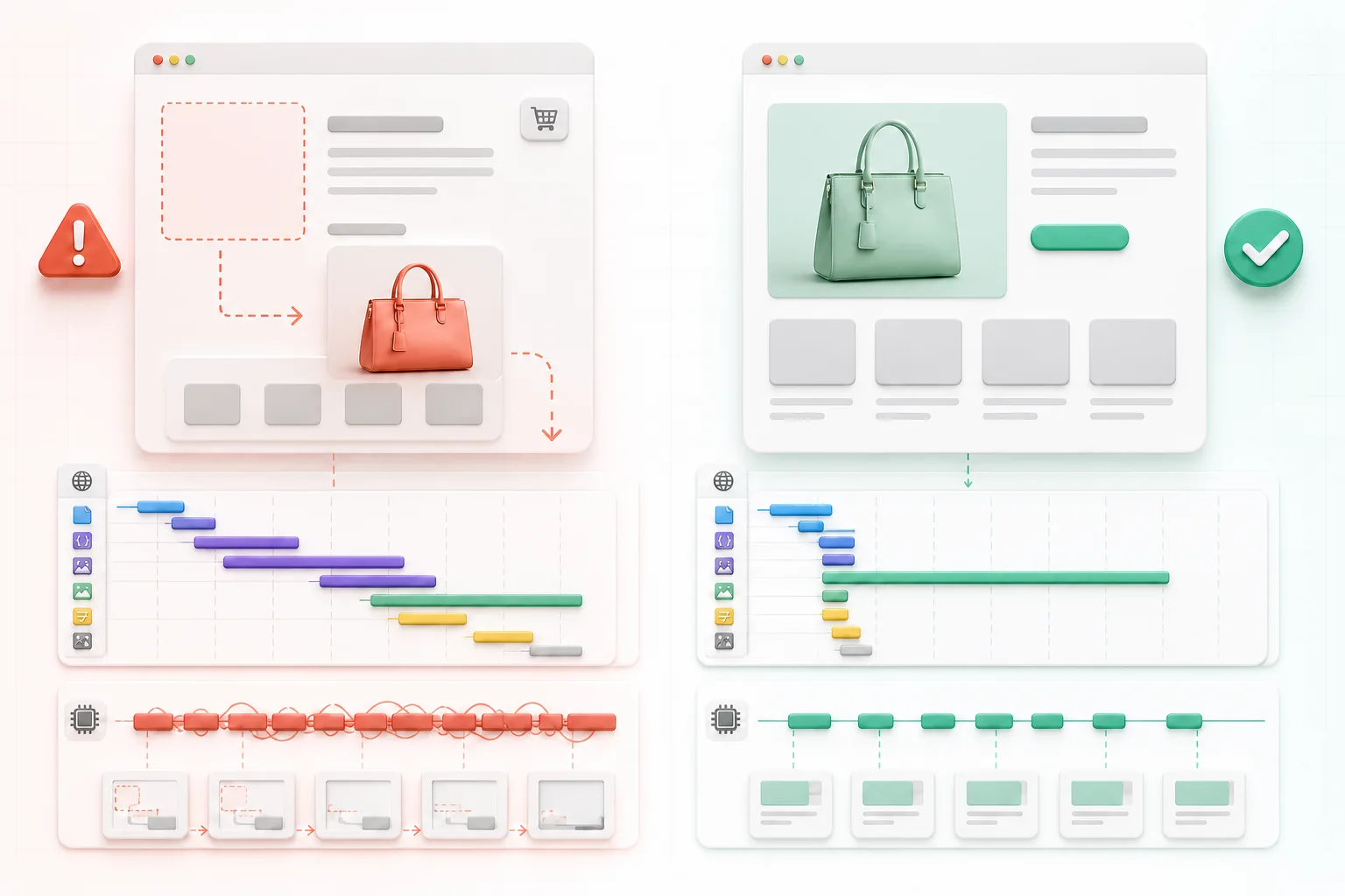 Before-and-after performance timeline for image loading, JavaScript work, and layout stability