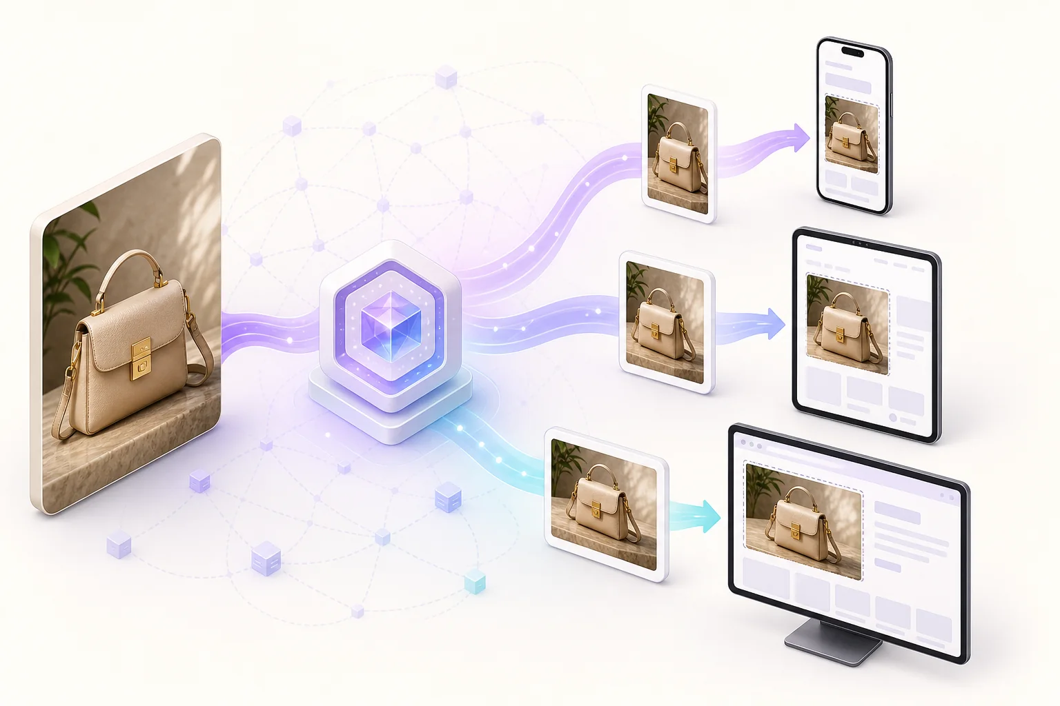 Responsive product image sizes for phone, tablet, and desktop with reserved layout space