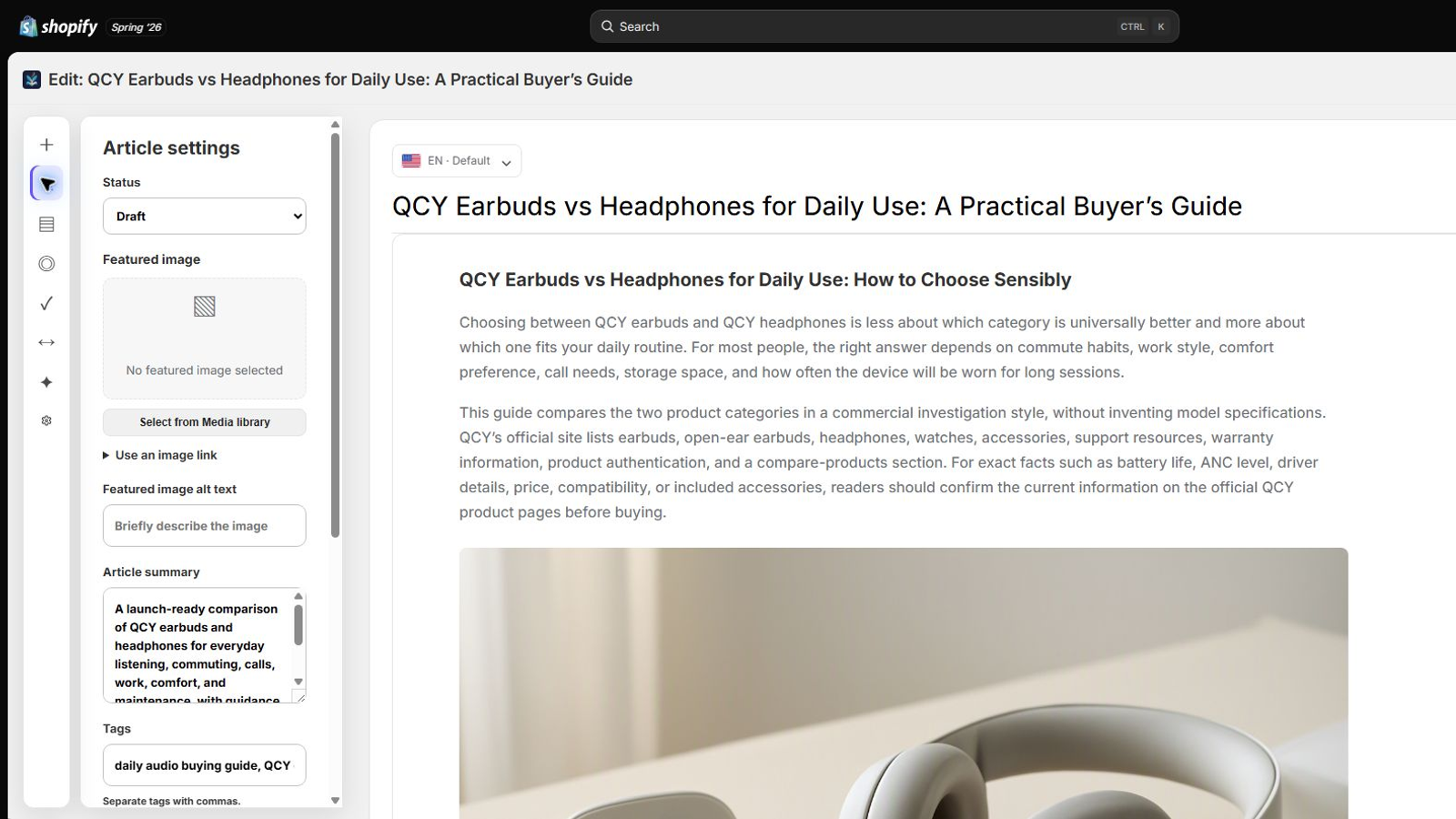 Visual article editor with settings and live content